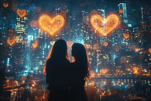 A captivating silhouette of a couple against a vibrant cityscape with heart shapes that evokes deep emotions