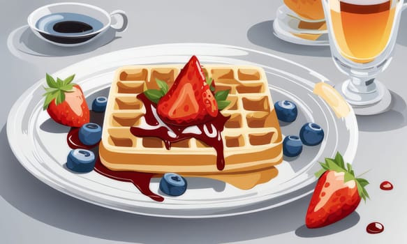 Whimsical design of waffles topped with fresh strawberries and blueberries. Rich syrup pools around, creating an enticing breakfast image ideal for culinary inspiration and recipe sharing