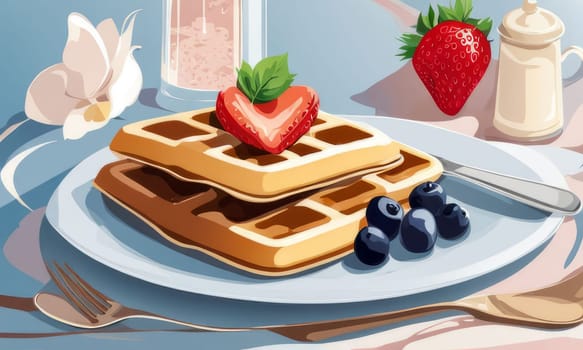 Artistic depiction of fluffy waffles served on a stylish plate. Garnished with ripe strawberries and blueberries, sweet syrup enhances visual appeal, making it ideal for food related marketing