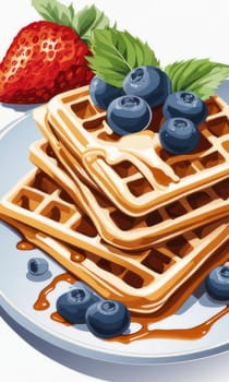 Fun and colorful depiction of waffles garnished with ripe berries. Syrup drizzles down, enhancing visual appeal, making it suitable for food-related advertisements and lifestyle content