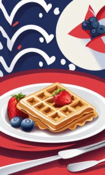 Eye catching illustration of golden waffles piled high with fresh fruit. Blueberries and strawberries bring color, creating an inviting scene great for marketing breakfast items and social media