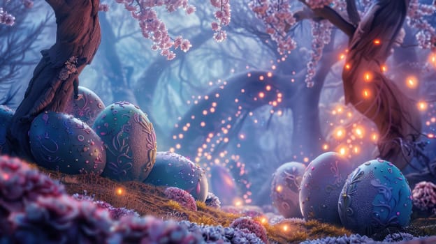 Fairy tale forest scene featuring giant easter eggs resting at the base of glowing trees. the eggs sparkle softly in moonlight, surrounded by a mystical atmosphere with delicate blossoms and gentle firefly-like lights.
