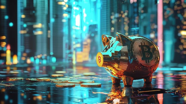 A piggy bank with a digital coin design stands against a backdrop of a futuristic cityscape, symbolizing cryptocurrency savings and digital finance. this vibrant scene reflects the integration of traditional savings with modern technology.
