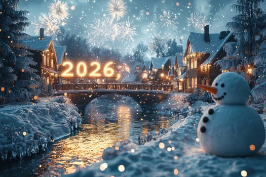 A snowy scene shows a cheerful snowman, festive houses, and vibrant fireworks welcoming New Year 2026
