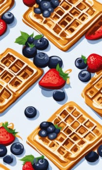 Fun and colorful depiction of waffles garnished with ripe berries. Syrup drizzles down, enhancing visual appeal, making it suitable for food-related advertisements and lifestyle content