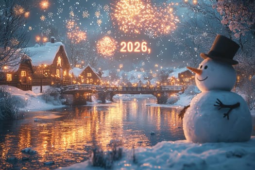 A magical winter setting featuring a snowman, fireworks, and a cozy village. Perfect for celebrating New Year 2026.