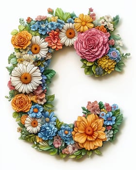 The letter C of colorful flowers on a white background. Selective focus.