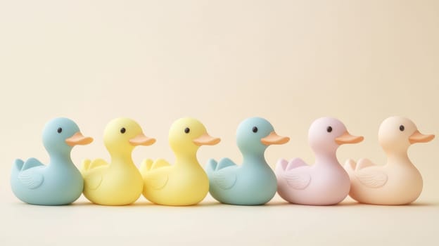 Six colorful pastel rubber ducks following each other in a row over a beige background