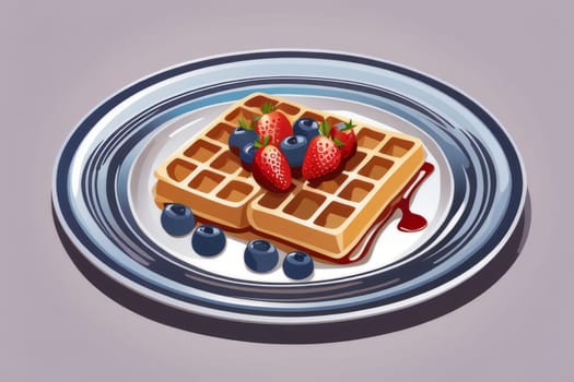 Artistic depiction of fluffy waffles served on a stylish plate. Garnished with ripe strawberries and blueberries, sweet syrup enhances visual appeal, making it ideal for food related marketing