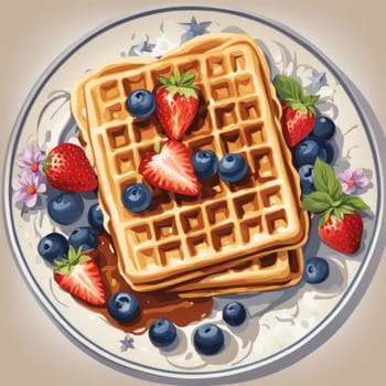 Charming illustration showcasing waffles topped with strawberries and blueberries. Sweet syrup creates a mouthwatering presentation, perfect for brunch promotions and culinary advertisements