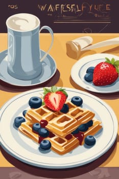Artistic image of waffles served on a vibrant plate, adorned with fresh berries. Rich syrup adds a touch of indulgence, ideal for engaging food photography and recipe inspiration