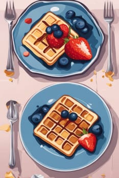 Charming illustration showcasing waffles topped with strawberries and blueberries. Sweet syrup creates a mouthwatering presentation, perfect for brunch promotions and culinary advertisements