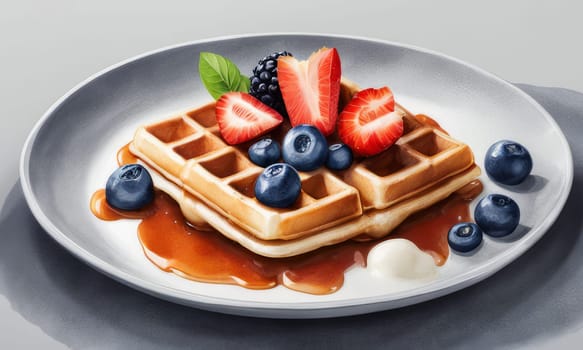 Eye catching illustration of golden waffles piled high with fresh fruit. Blueberries and strawberries bring color, creating an inviting scene great for marketing breakfast items and social media