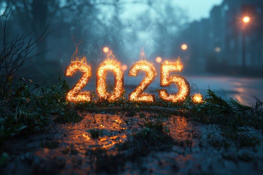 A bright and glowing representation of the year 2025, symbolizing hope and new beginnings amidst a rainy setting