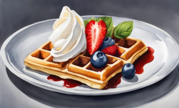 Creative rendering of waffles presented on a decorative plate. Colorful berries and syrup add vibrancy, making this image perfect for promoting breakfast culture and food photography