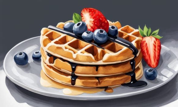 Whimsical design of waffles topped with fresh strawberries and blueberries. Rich syrup pools around, creating an enticing breakfast image ideal for culinary inspiration and recipe sharing