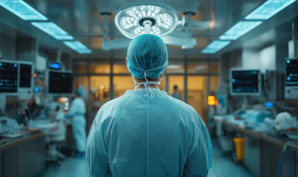 Rear view of surgeon preparing to perform surgery. Selective focus.
