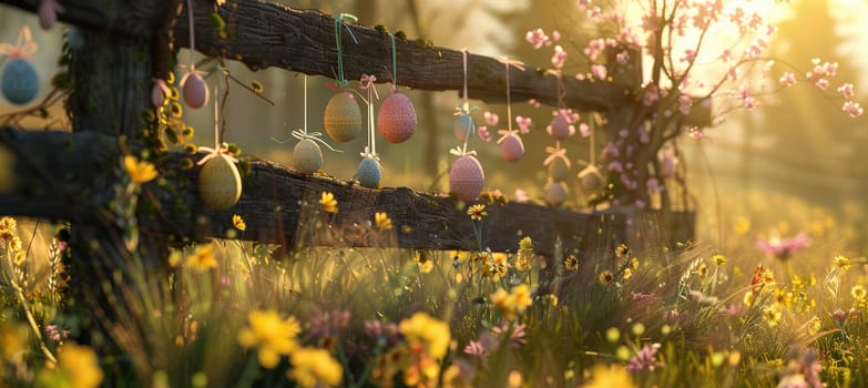 A rustic wooden fence adorned with hanging easter eggs and pastel ribbons stands in a blossoming meadow. spring flowers fill the scene, illuminated by warm sunlight, the festive and tranquil atmosphere of the easter season.