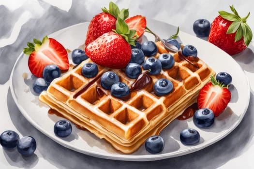 Artistic depiction of fluffy waffles served on a stylish plate. Garnished with ripe strawberries and blueberries, sweet syrup enhances visual appeal, making it ideal for food related marketing