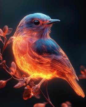 Mystical glowing bird on a black background. Selective focus.