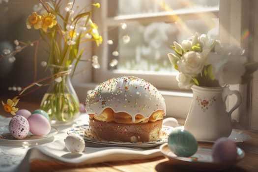 A festive easter table showcases a traditional cake with white icing and sprinkles, surrounded by pastel-colored eggs and vibrant spring flowers. sunlight filters through a nearby window, creating a warm and inviting atmosphere.