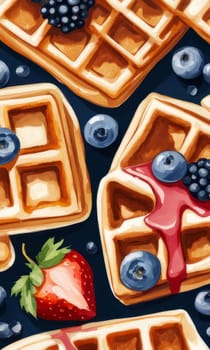 Delightful illustration of waffles with colorful strawberries and blueberries. Inviting presentation captures warmth and comfort, perfect for promoting breakfast ideas and engaging food content