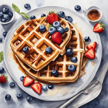 Charming illustration showcasing waffles topped with strawberries and blueberries. Sweet syrup creates a mouthwatering presentation, perfect for brunch promotions and culinary advertisements