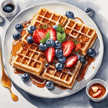 Fun and colorful depiction of waffles garnished with ripe berries. Syrup drizzles down, enhancing visual appeal, making it suitable for food-related advertisements and lifestyle content