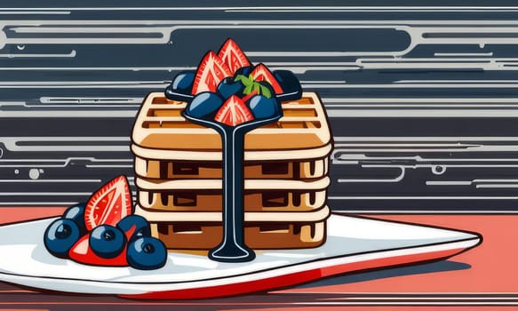 Artistic depiction of fluffy waffles served on a stylish plate. Garnished with ripe strawberries and blueberries, sweet syrup enhances visual appeal, making it ideal for food-related marketing