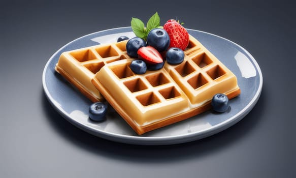 Whimsical design of waffles topped with fresh strawberries and blueberries. Rich syrup pools around, creating an enticing breakfast image ideal for culinary inspiration and recipe sharing