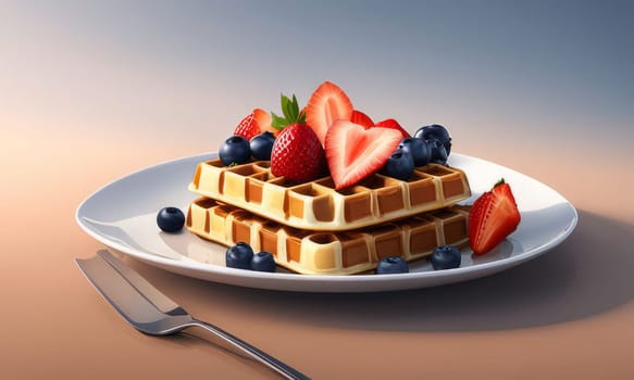 Playful illustration featuring delicious waffles adorned with juicy berries. Bright colors and appealing presentation capture attention, perfect for brunch menus and food blogs