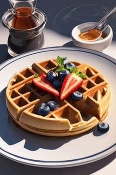 Creative rendering of waffles presented on a decorative plate. Colorful berries and syrup add vibrancy, making this image perfect for promoting breakfast culture and food photography