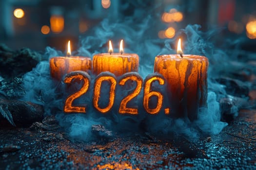 In a tranquil environment adorned with glowing candles showcasing the year 2026, it is ideal for New Year themes