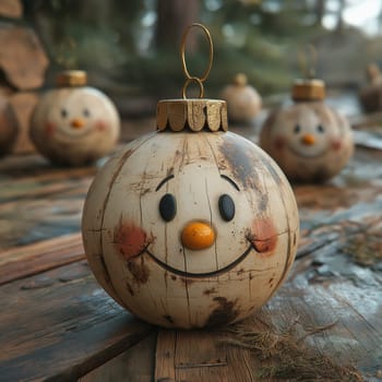 Cartoon Christmas tree toy white ball with a smiling face. Selective focus.