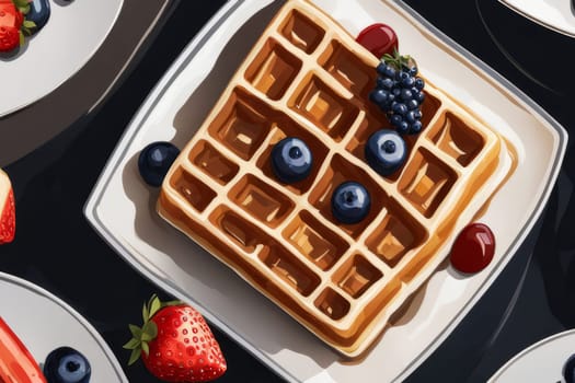 Charming illustration showcasing waffles topped with strawberries and blueberries. Sweet syrup creates a mouthwatering presentation, perfect for brunch promotions and culinary advertisements