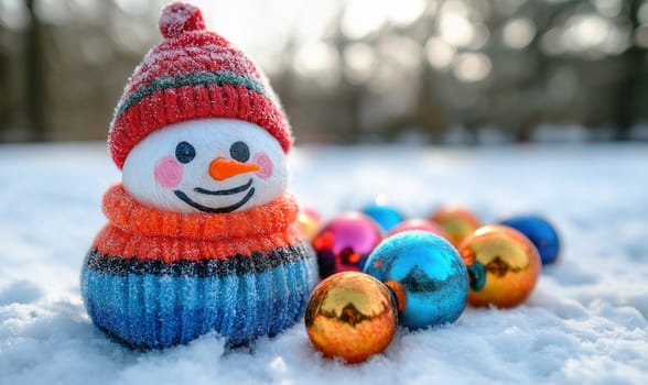 Creative snowman on a winter snowy background. Selective focus.