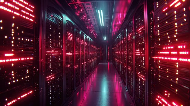 A cinematic view showcasing a futuristic corridor in a data center. rows of servers emitting vibrant lights create a dynamic ambiance. the advanced technology and intricate design highlight a world of data and information processing.