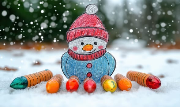 Creative snowman on a winter snowy background. Selective focus.