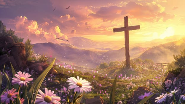 Wooden cross on a hilltop amid blooming flowers during sunrise creates a peaceful, spiritual scene. golden light bathes the landscape, enhancing the tranquility and reflecting easter's themes of hope and renewal in nature.
