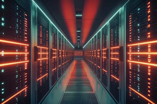 A futuristic view of a data center corridor lined with rows of server racks. vibrant lights from the servers create an engaging visual effect, complemented by cool ambient lighting, embodying advanced technology and digital innovation.