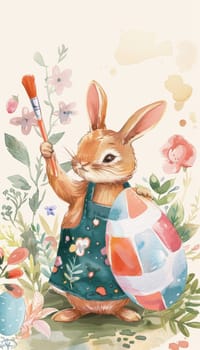 Whimsical easter card depicting a charming bunny in an artist's apron, joyfully painting a large, colorful easter egg. surrounded by soft pastel flowers and leaves, creating a delightful springtime scene perfect for celebrating the holiday.