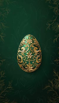 Luxurious easter card design featuring a golden egg with intricate floral patterns on a deep emerald background. the egg's soft illumination enhances the elegant theme, making it ideal for premium invitations and promotional materials.