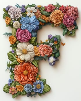 The letter F of colorful flowers on a white background. Selective focus.