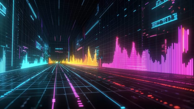 Dynamic 3d line graph displaying the global increase in renewable energy from 2010 to 2023. neon lines in vibrant hues stand out against a dark background, creating a modern and futuristic visual representation suitable for presentations.