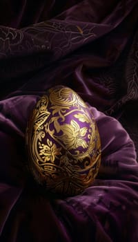 Luxurious golden egg with intricate floral patterns elegantly rests on a deep purple velvet surface, embodying sophistication and easter celebration. soft, ambient lighting enhances the ornate details and rich textures.