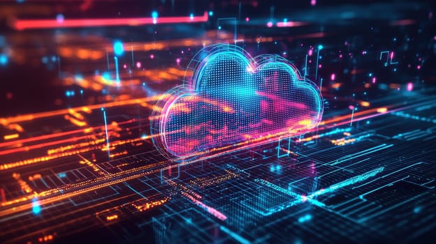 Neon-lined 3d graph depicting the rise of global cloud computing from 2015 to 2024. set against a dark digital interface, it features dynamic neon colors and flowing data lines, emphasizing technological advancement and data trends.