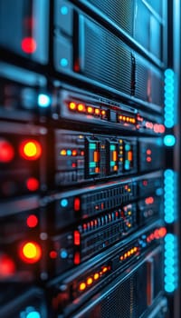 Detailed view of a data center server's control panel featuring vibrant led indicators. the sleek, modern design advanced data processing and technology efficiency in a professional setting.