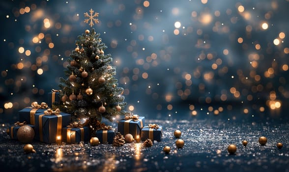 Christmas greeting card with blue background. Selective focus.