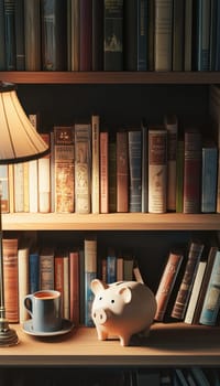 A charming scene with a piggy bank on an open book, surrounded by classic literature on a bookshelf. a coffee mug and glowing reading lamp add warmth, symbolizing the concept of saving for intellectual growth and education.