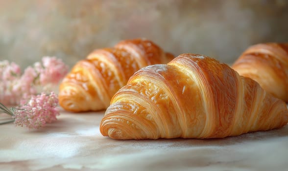 Fresh pastries on the table, golden croissants. Selective focus.